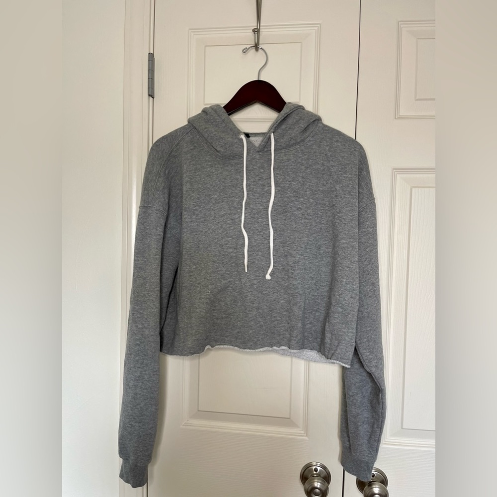 Gray Cropped Drawstring Hoodie